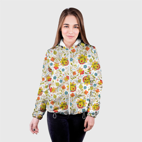 Женская куртка 3D Хохломская роспись разноцветные цветы на белом фоне, цвет белый - фото 3