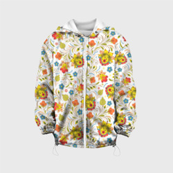 Детская куртка 3D Хохломская роспись разноцветные цветы на белом фоне