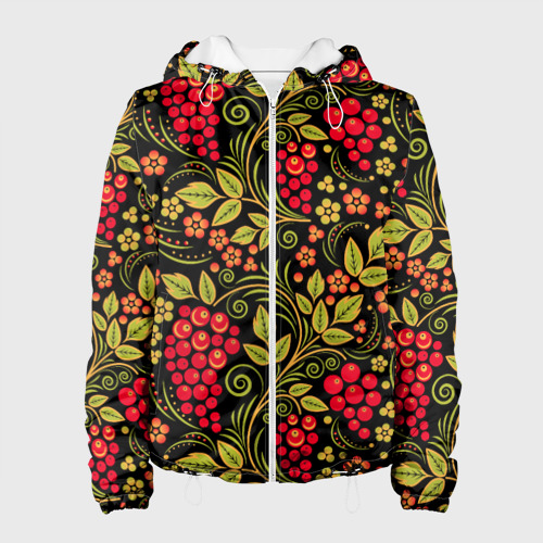 Женская куртка 3D Хохломская роспись красные ягоды, цвет белый
