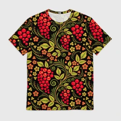 Мужская футболка 3D Хохломская роспись красные ягоды