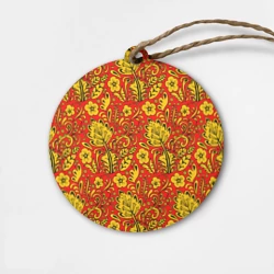 Деревянная игрушка круг Хохломская роспись золотистые цветы на красном фоне