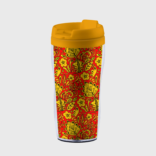 Термокружка-непроливайка Хохломская роспись золотистые цветы на красном фоне, цвет желтый