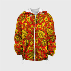 Детская куртка 3D Хохломская роспись золотистые цветы на красном фоне