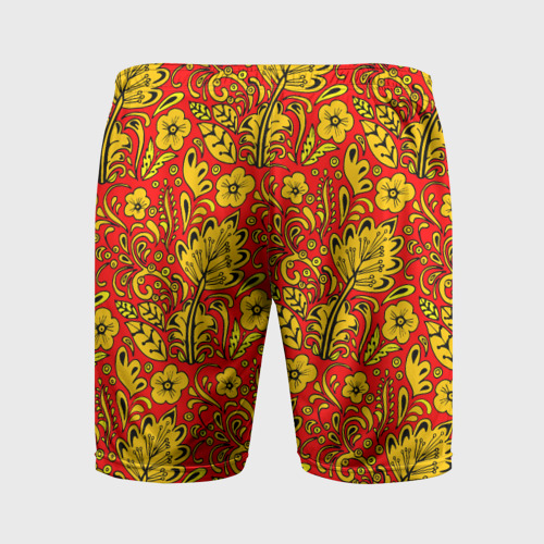 Мужские шорты спортивные с принтом Хохломская роспись золотистые цветы на красном фоне, вид сзади #1