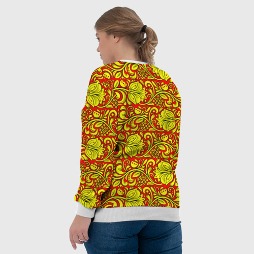 Женский свитшот 3D с принтом Хохломская роспись золотистые цветы и ягоды на красном фоне, вид сзади #2