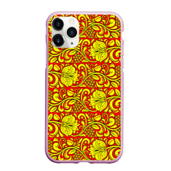 Чехол для iPhone 11 Pro Max матовый Хохломская роспись золотистые цветы и ягоды на красном фоне