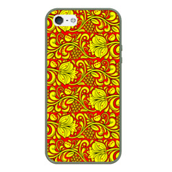 Чехол для iPhone 5/5S матовый Хохломская роспись золотистые цветы и ягоды на красном фоне