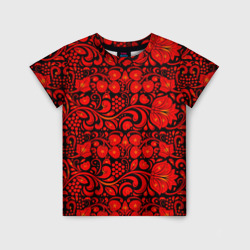 Детская футболка 3D Хохломская роспись красные цветы и ягоды на чёрном фоне