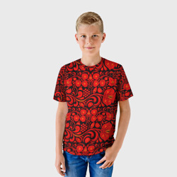 Детская футболка 3D Хохломская роспись красные цветы и ягоды на чёрном фоне - фото 2