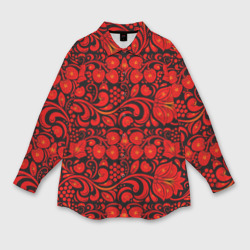 Мужская рубашка oversize 3D Хохломская роспись красные цветы и ягоды на чёрном фоне