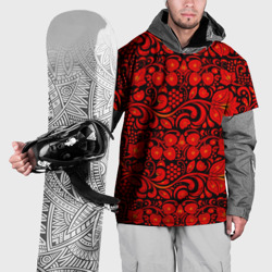 Накидка на куртку 3D Хохломская роспись красные цветы и ягоды на чёрном фоне