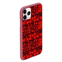 Чехол для iPhone 11 Pro Max матовый Хохломская роспись красные цветы и ягоды на чёрном фоне - фото 2