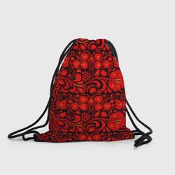 Рюкзак-мешок 3D Хохломская роспись красные цветы и ягоды на чёрном фоне