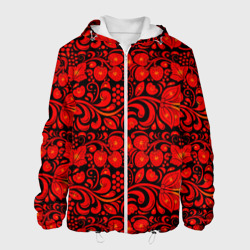 Мужская куртка 3D Хохломская роспись красные цветы и ягоды на чёрном фоне