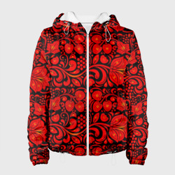 Женская куртка 3D Хохломская роспись красные цветы и ягоды на чёрном фоне