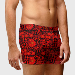 Мужские трусы 3D Хохломская роспись красные цветы и ягоды на чёрном фоне - фото 2