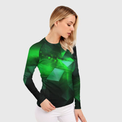 Рашгард с принтом Зеленая абстракция зеленая геометрическая для женщины, вид на модели спереди №2. Цвет основы: белый