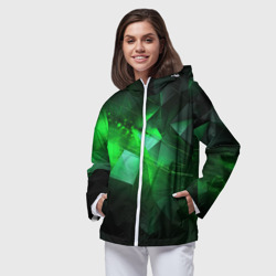 Ветровка с принтом Зеленая абстракция зеленая геометрическая для женщины, вид на модели спереди №2. Цвет основы: белый