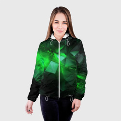 Куртка с принтом Зеленая абстракция зеленая геометрическая для женщины, вид на модели спереди №2. Цвет основы: белый