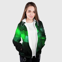 Куртка с принтом Зеленая абстракция зеленая геометрическая для женщины, вид на модели спереди №3. Цвет основы: белый