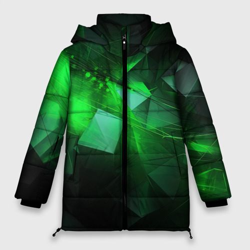 Женская зимняя куртка оверсайз с принтом Зеленая абстракция зеленая геометрическая, вид спереди №1