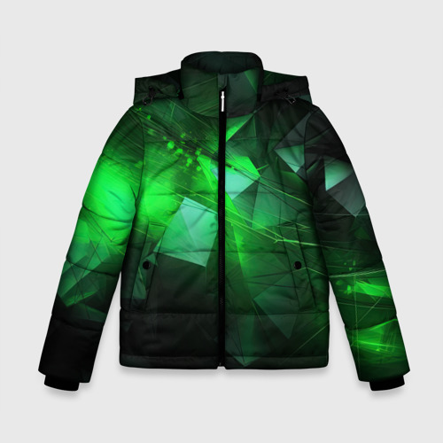Зимняя куртка для мальчиков с принтом Зеленая абстракция зеленая геометрическая, вид спереди №1