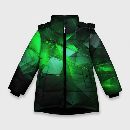 Зимняя куртка для девочек с принтом Зеленая абстракция зеленая геометрическая, вид спереди №1
