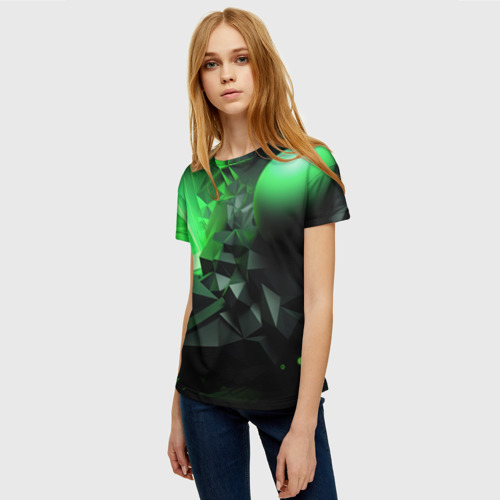 Женская футболка 3D Зеленая абстракция зеленая  геометрическая, цвет 3D печать - фото 3