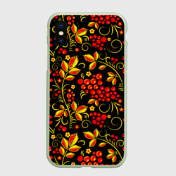 Чехол для iPhone XS Max матовый Хохломская роспись золотистые листья чёрном фоне