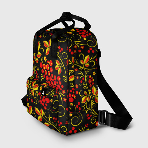 Женский рюкзак 3D с принтом Хохломская роспись золотистые листья чёрном фоне, фото на моделе #1