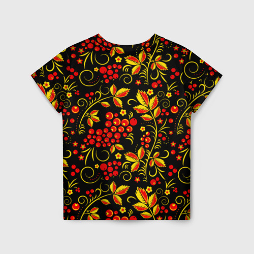 Детская футболка 3D с принтом Хохломская роспись золотистые листья чёрном фоне, вид сзади #1