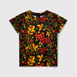 Детская футболка 3D Хохломская роспись золотистые листья чёрном фоне