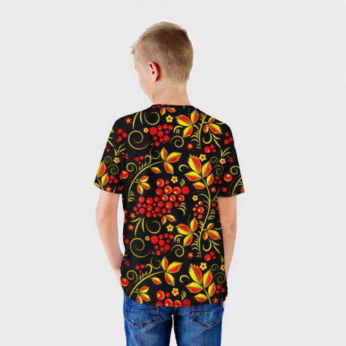 Детская футболка 3D с принтом Хохломская роспись золотистые листья чёрном фоне, вид сзади #2