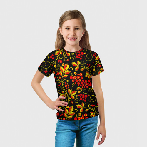 Детская футболка 3D с принтом Хохломская роспись золотистые листья чёрном фоне, вид сбоку #3