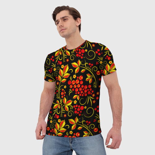 Мужская футболка 3D с принтом Хохломская роспись золотистые листья чёрном фоне, фото на моделе #1