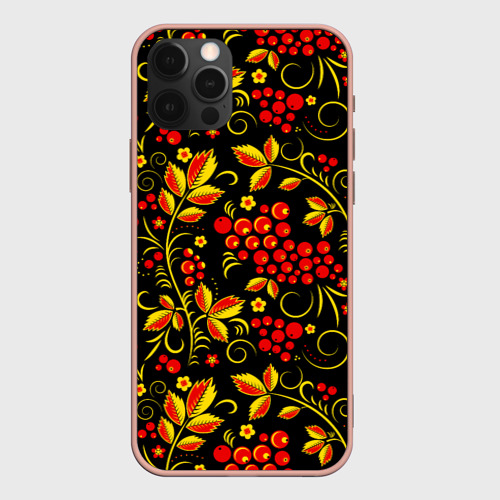 Чехол для iPhone 12 Pro Max с принтом Хохломская роспись золотистые листья чёрном фоне, вид спереди #2