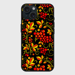 Чехол силиконовый для Apple iPhone 15 матовый Хохломская роспись золотистые листья чёрном фоне