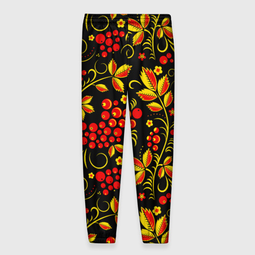 Мужские брюки 3D с принтом Хохломская роспись золотистые листья чёрном фоне, вид сзади #1