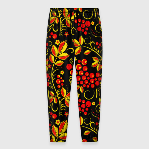 Мужские брюки 3D с принтом Хохломская роспись золотистые листья чёрном фоне, вид спереди #2