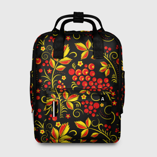 Женский рюкзак 3D с принтом Хохломская роспись золотистые листья чёрном фоне, вид спереди #2