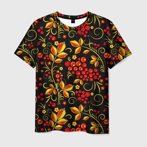 Мужская футболка 3D с принтом Хохломская роспись золотистые листья чёрном фоне, вид спереди #2