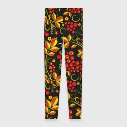 Леггинсы 3D Хохломская роспись золотистые листья чёрном фоне