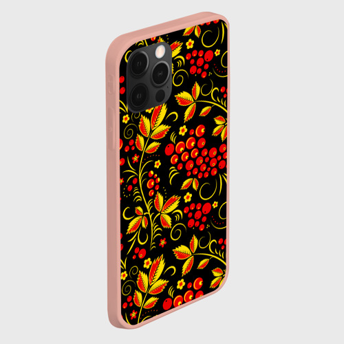 Чехол для iPhone 12 Pro Max с принтом Хохломская роспись золотистые листья чёрном фоне, вид сбоку #3