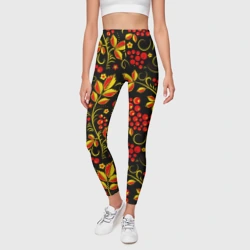 Леггинсы 3D Хохломская роспись золотистые листья чёрном фоне - фото 2