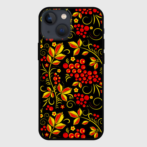 Чехол для iPhone 13 mini с принтом Хохломская роспись золотистые листья чёрном фоне, вид спереди #2