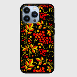 Чехол для iPhone 13 Pro Хохломская роспись золотистые листья чёрном фоне