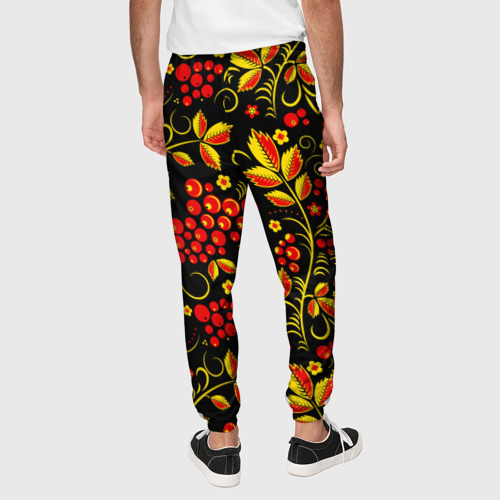 Мужские брюки 3D с принтом Хохломская роспись золотистые листья чёрном фоне, вид сзади #2