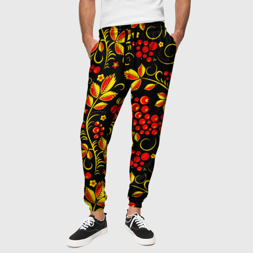 Мужские брюки 3D с принтом Хохломская роспись золотистые листья чёрном фоне, вид сбоку #3