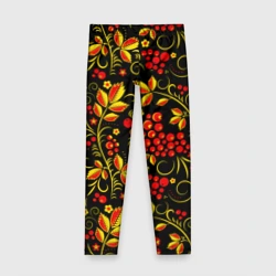 Детские леггинсы 3D Хохломская роспись золотистые листья чёрном фоне