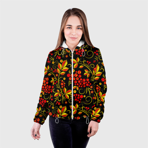 Женская куртка 3D Хохломская роспись золотистые листья чёрном фоне, цвет белый - фото 3